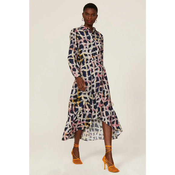 BUSAYO Collective Midi Shirtdress Front Button Closure Hi-Lo Hem Blue Size Small - Picture 1 of 11
